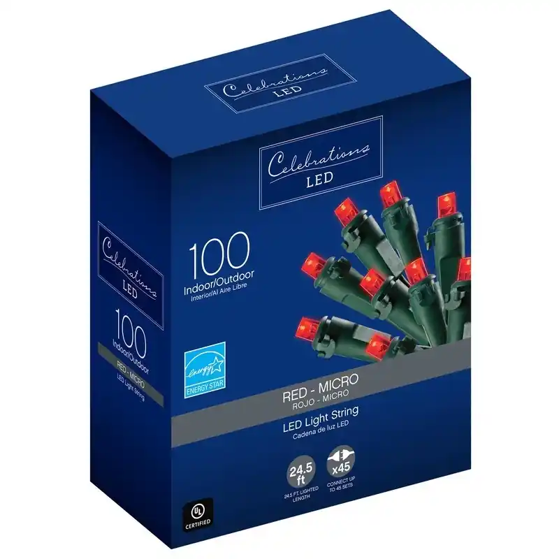 Led Micro/5mm Red String Christmas Lights 100 Count 24.75 Ft.
