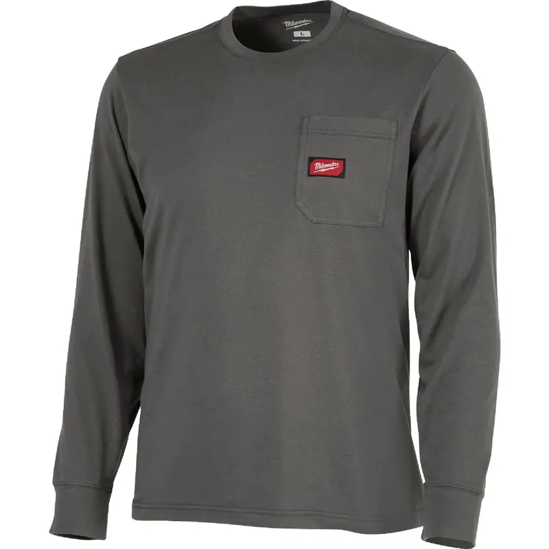 Medium Gray Long Sleeve Heavy-duty Pocket T-shirt For Unisex, Model 606g-m