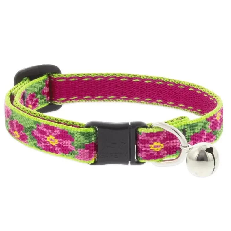 Adjustable Cat Collar With Bell, Breakaway Buckle, Petunias Pattern, 1/2 X 8 - 12-In.