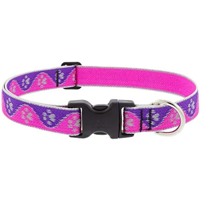 Adjustable Medium Dog Collar, Reflective Pink Paws Pattern, 1 X 16 - 28-In.