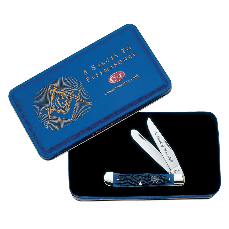 Masonic Trapper Folding Knife 3.25 In. Blue Bone With Gift Tin