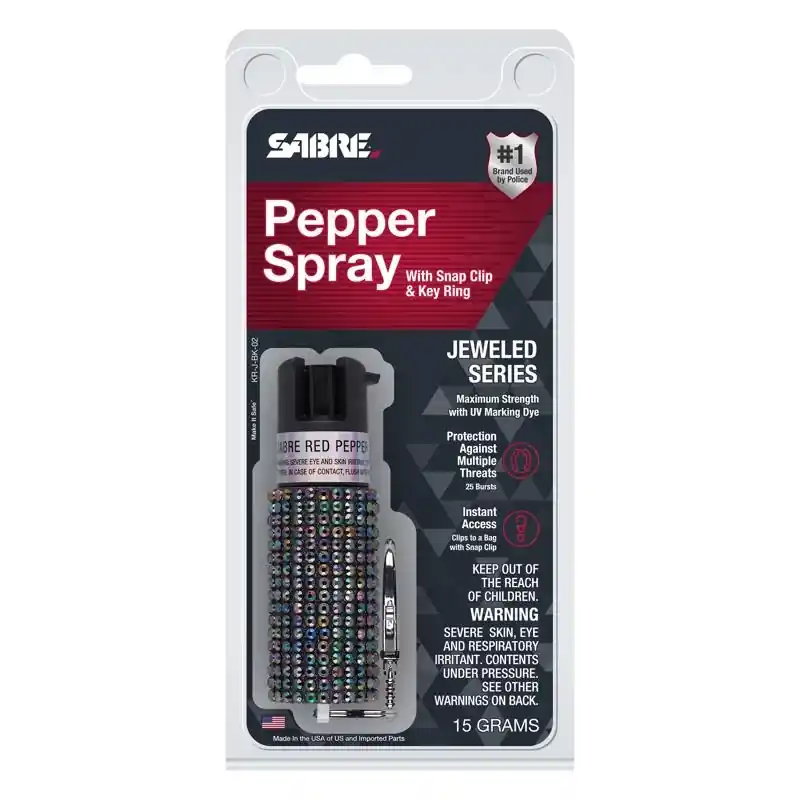 Black Rhinestone Plastic Pepper Spray - 0.54 Oz, 10 Ft Spray Distance, Jeweled Design