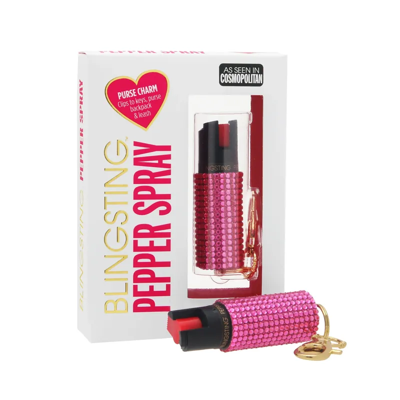 Pink Plastic Pepper Spray With Rhinestone Case And Key Chain Clip