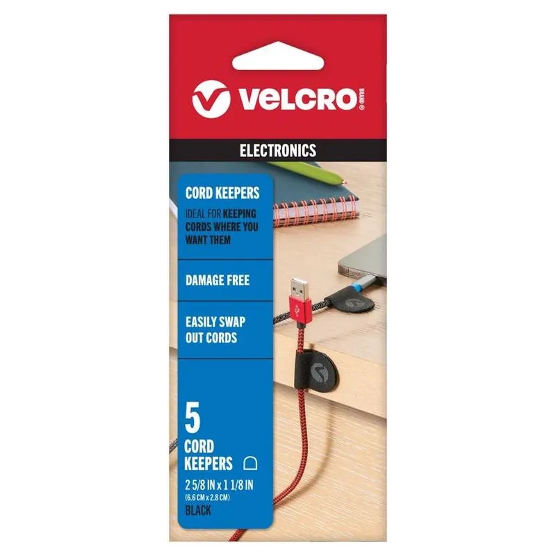 VELCRO Mini Nylon Cable Organizer – 5‑Pack Self‑Adhesive Cord Ties (2.6" Black)
