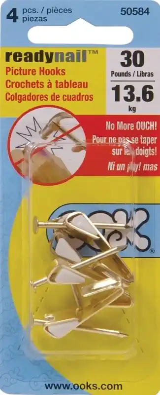 OOK ReadyNail Brass-Plated Conventional Picture Hook 30 Lb 4 Pk