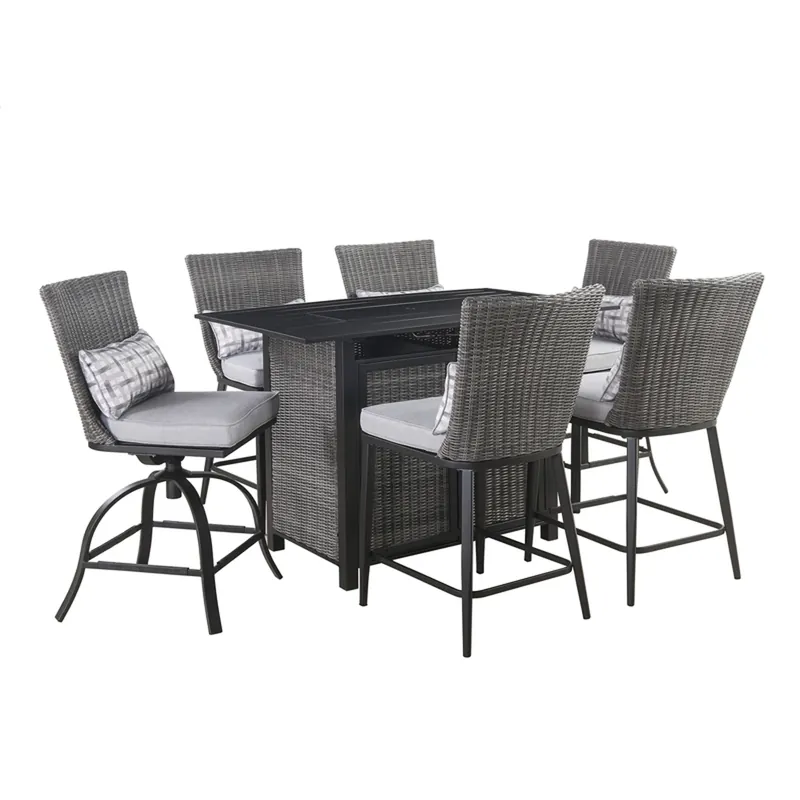 Milano 7 Piece Black Steel High Dining Fire Pit Set With Gray Cushions