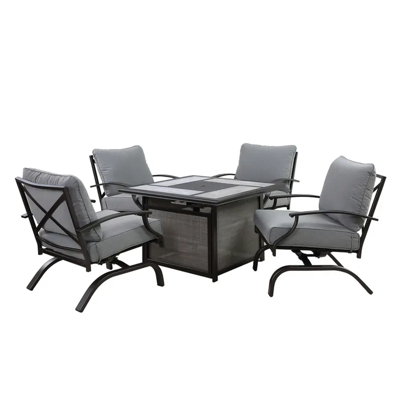 Canzo 5 Piece Black Steel Fire Pit Set With Gray Cushions