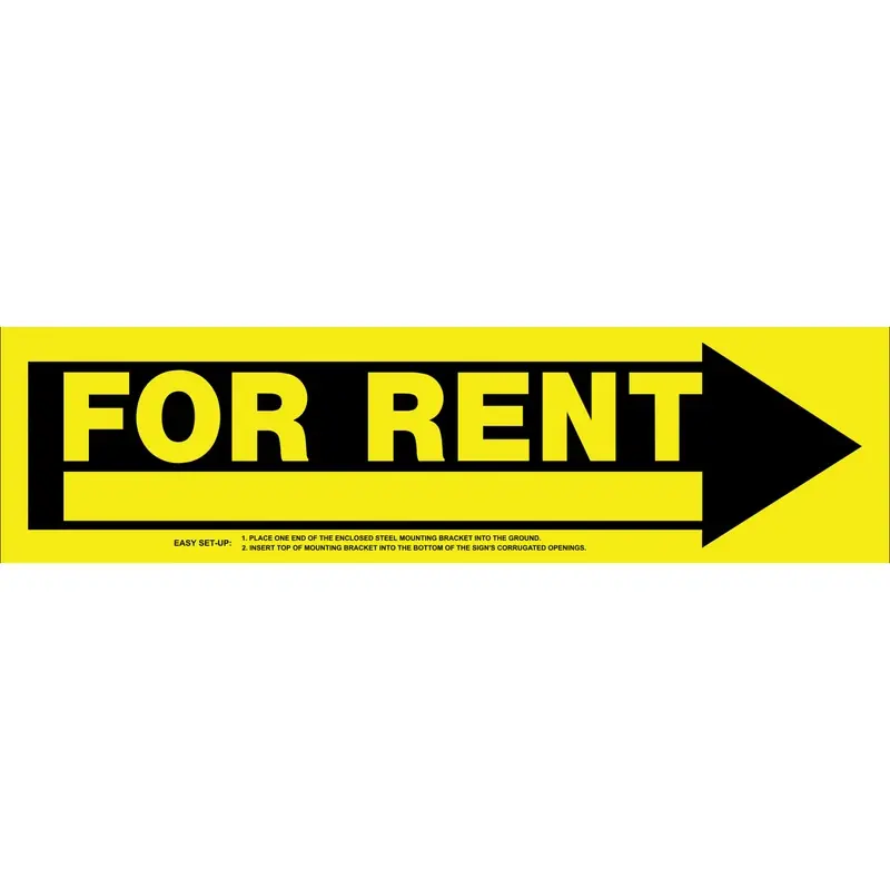 6 In. H X 24 In. W English Yellow For Rent Sign - Durable Plastic