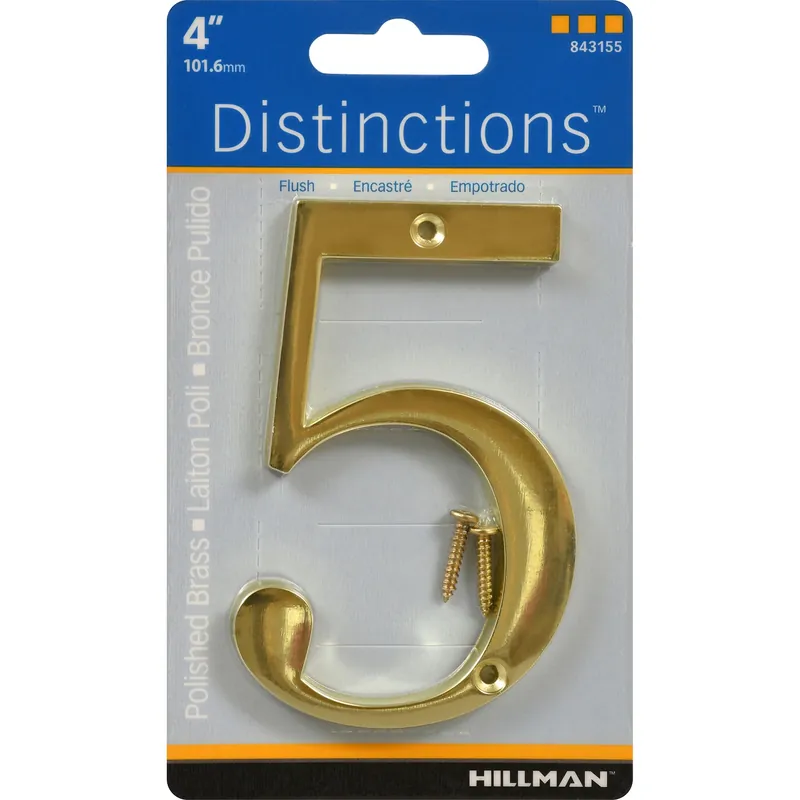 Distinctions House Address Number 5, Screw-In, Polished Brass, 4-In.
