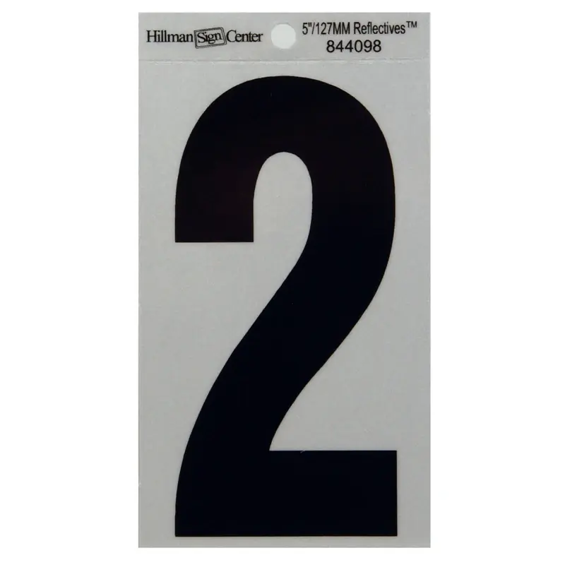 Adhesive House Address Number 2, Reflective Vinyl, Black And Silver, 5-In.