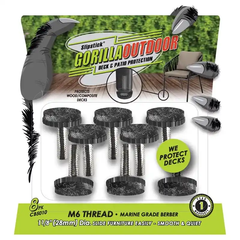 Slipstick Gorilla Outdoor Black 1-1/8 In. Screw-On Felt Chair Glide 8 Pk
