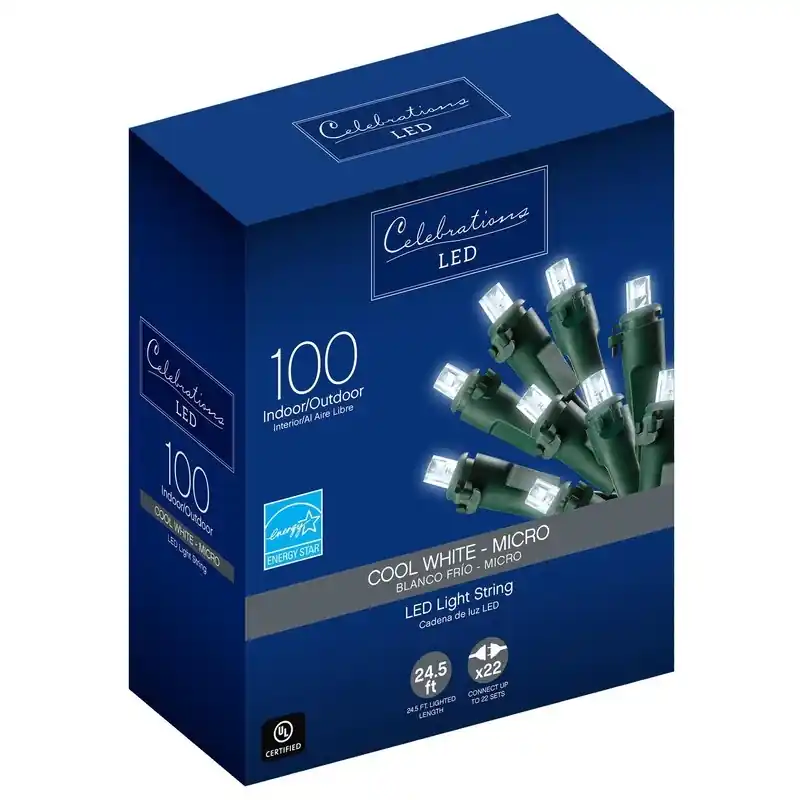 Led Micro/5mm Cool White 100 Count String Christmas Lights 24.75 Ft.