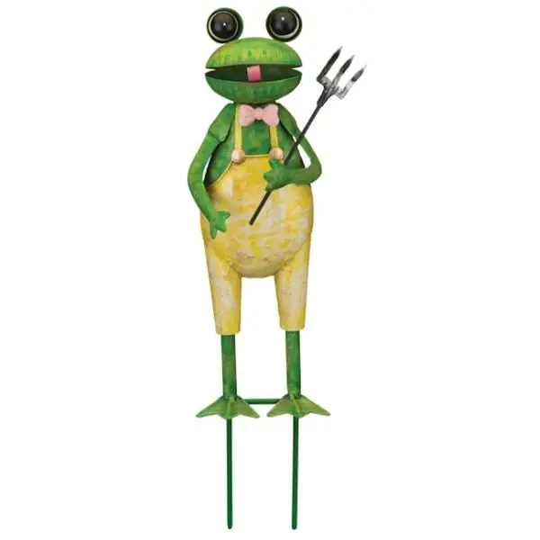 12614 15 Inch Frog Garden Statue With Rake, Green And Yellow
