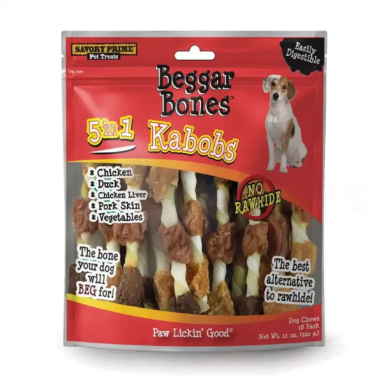 Savory Prime Beggar Bones Kabobs 5-in-1 Flavor Grain Free Chews For Dogs 8 In. 18 Pk