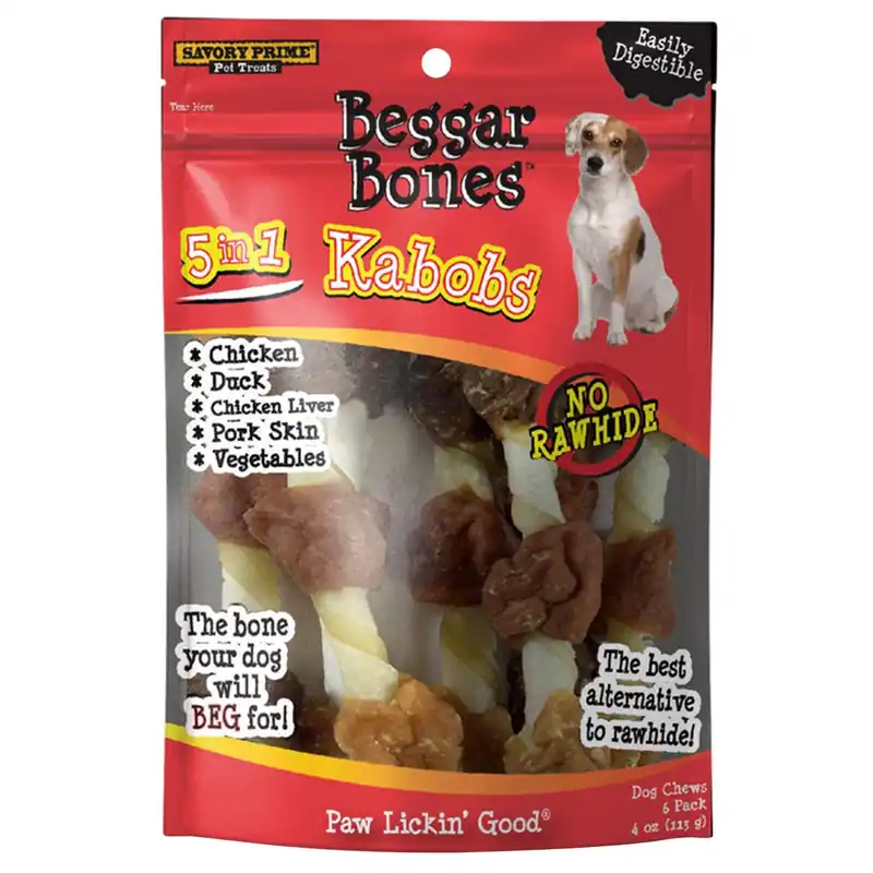Savory Prime Beggar Bones Kabobs 5-in-1 Flavor Grain Free Chews For Dogs 7.8 In. 6 Pk