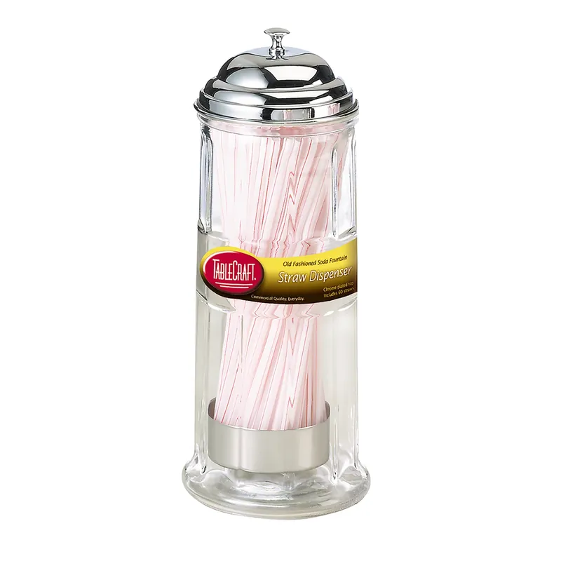 11-in. Clear Glass And Chrome Diner Straw Dispenser With Straws