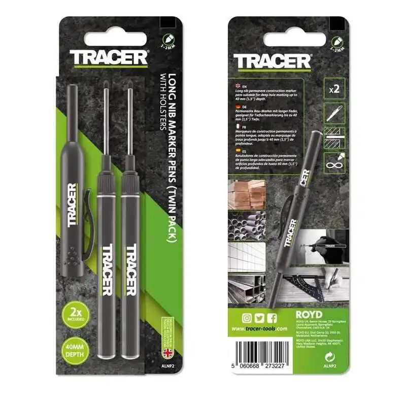Tracer 8‑in Black Long‑Nib Deep Hole Marker – 2‑Pack