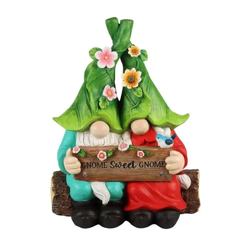 Exhart 13‑Inch Multicolor Resin Solar Gnome Couple With Sign
