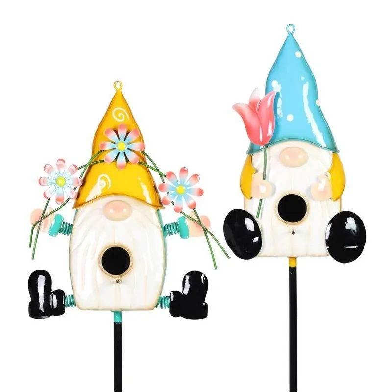 Exhart 46‑Inch Metal Gnome Birdhouse Garden Stake – Assorted Colors