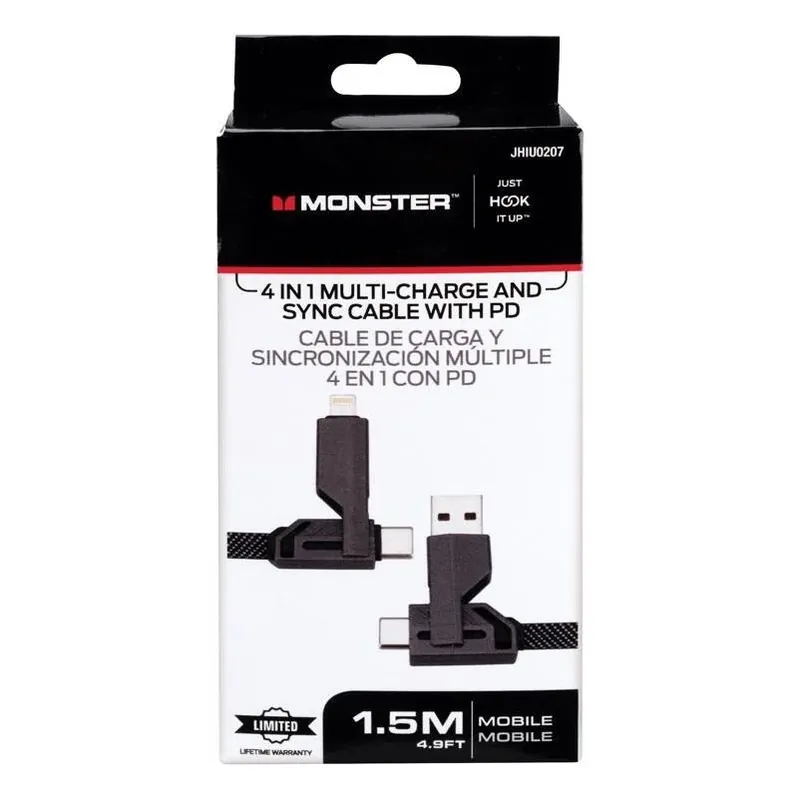 Monster Just Hook It Up 4‑in‑1 USB 4.9 Ft Multi‑Charge & Sync Cable – Black/Gray