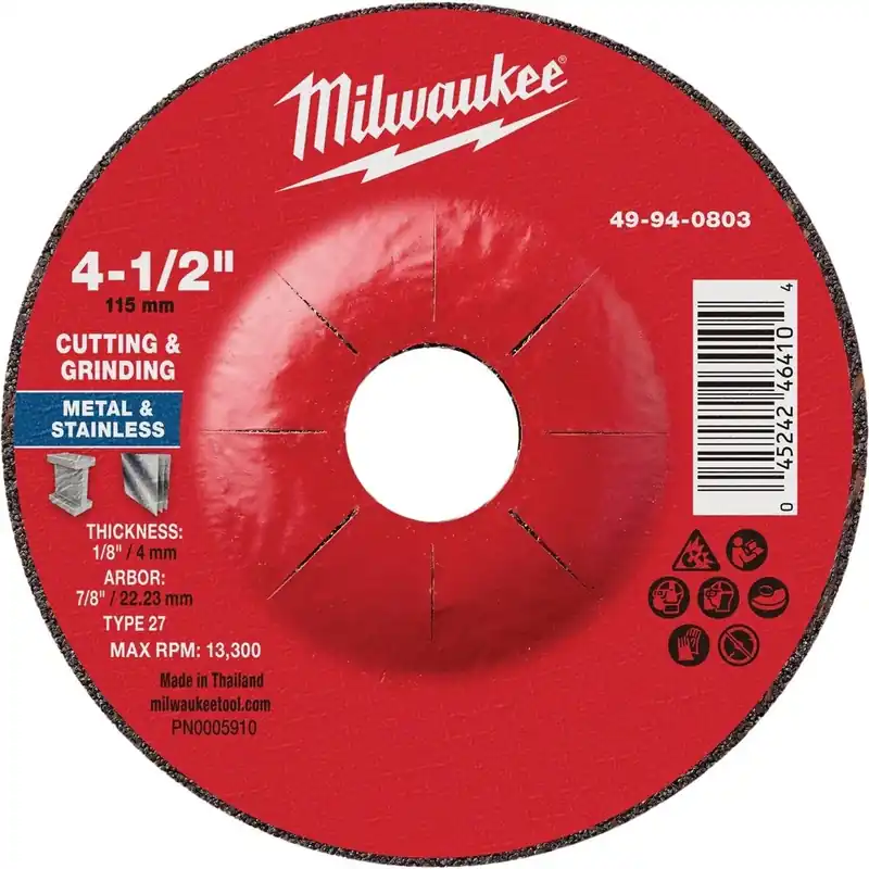 Milwaukee 27 Series 4-1/2" Dual‑Purpose Metal Cut & Grind Wheel – 1/8" Arbor, 7/8" Thick