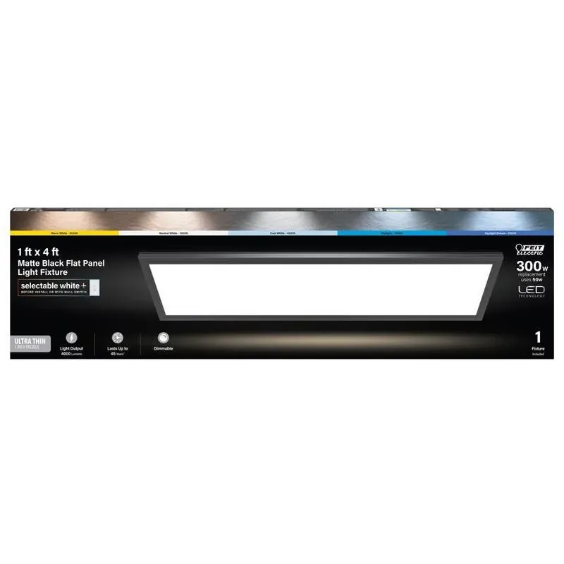 LED Flush Mount Edge-Lit Ceiling Light Fixture, Drop-In Installation, Selectable Color Temp, Black, 1 X 4 Ft.