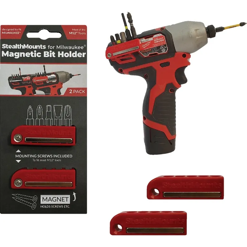 StealthMounts Bit Holders Compatible With Milwaukee M12; Red ABS Magnetic Bit Holder 2 Pk