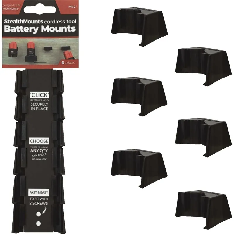 StealthMounts Battery Mounts Compatible With Milwaukee M12; Black ABS Battery Holder 6 Pk