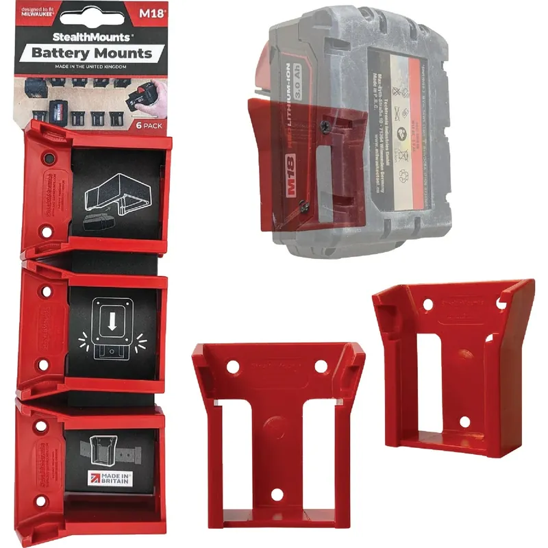 StealthMounts Battery Mounts Compatible With Milwaukee M18; Red ABS Battery Holder 6 Pk