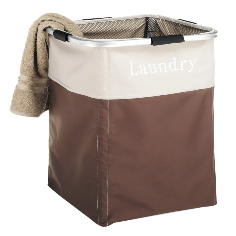 Brown Polyester Collapsible Laundry Hamper With Lightweight Aluminum Frame
