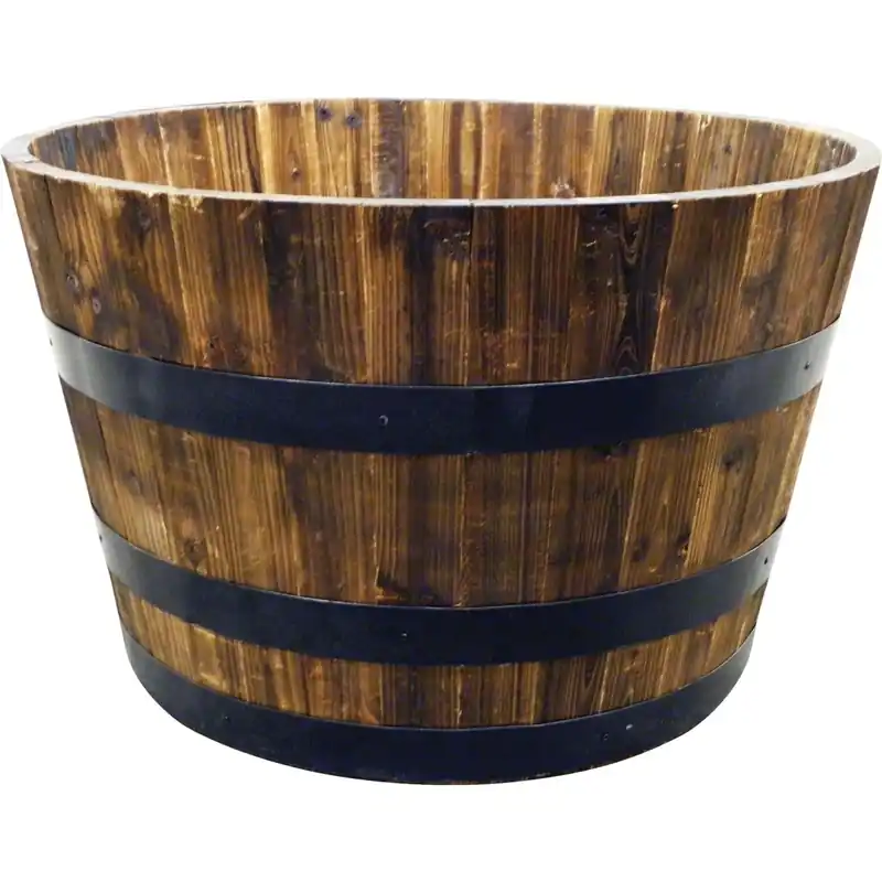 Real Wood Products 16 In. H X 24.8 In. W X 26 In. D Wood Half Whiskey Barrel Planter Brown