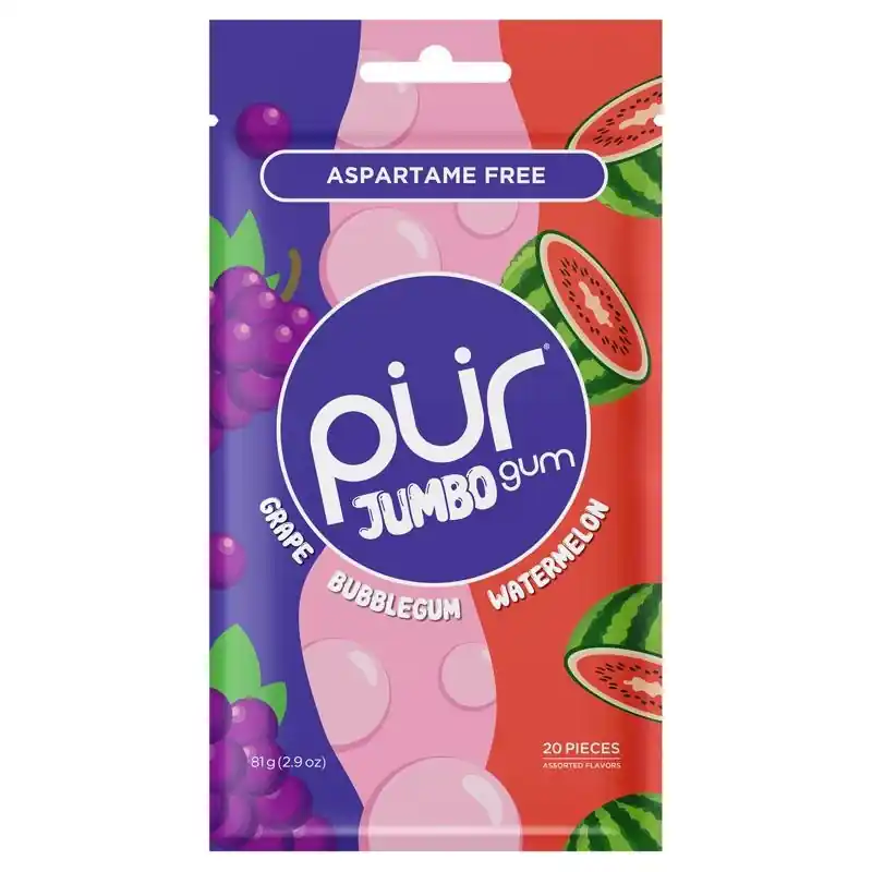 PUR Jumbo Sugar Free Grape/Bubblegum/Watermelon Chewing Gum 1 Pk 2.9 Oz