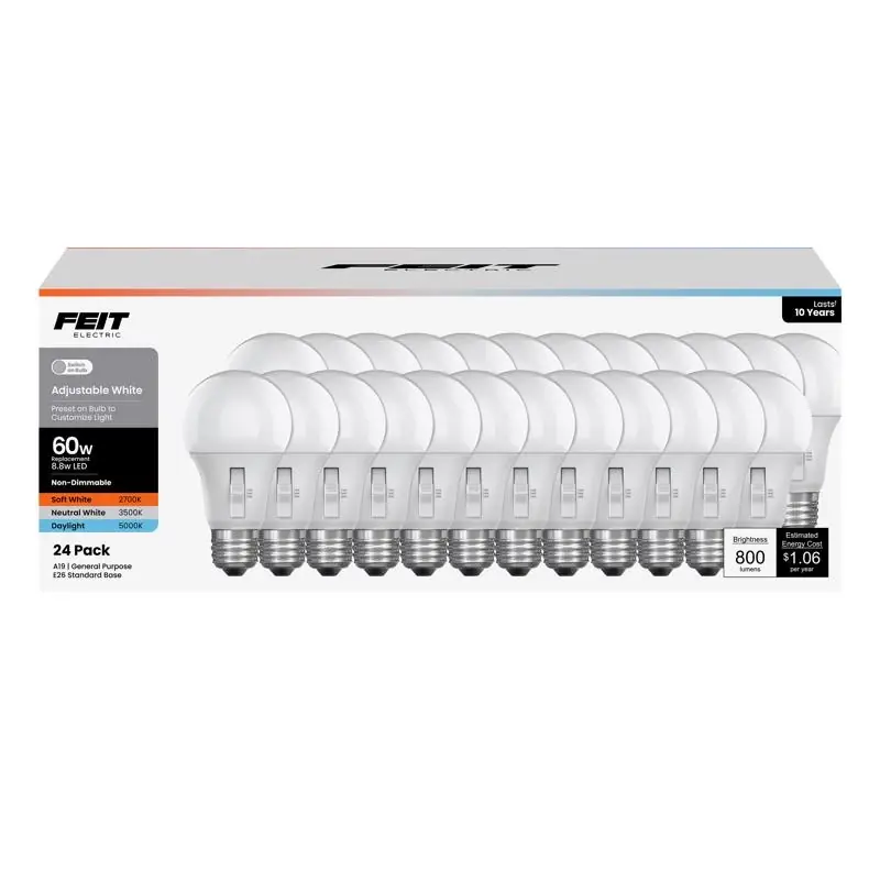 Feit A19 E26 (Medium) LED Bulb Adjustable White 60 Watt Equivalence 24 Pk