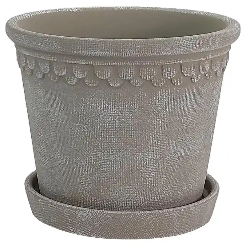 Border Concepts 6 Inch Wide Beige Ceramic Fringe Planter With Saucer