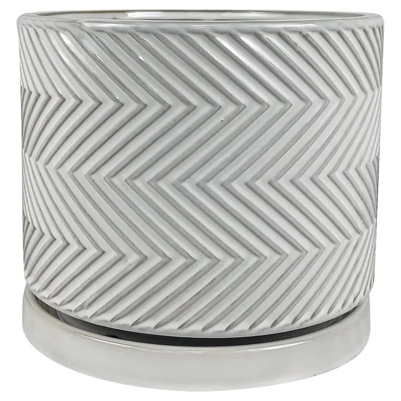 Border Concepts 8‑Inch White Ceramic Cross‑Pattern Planter – Indoor Decorative Pot With Saucer