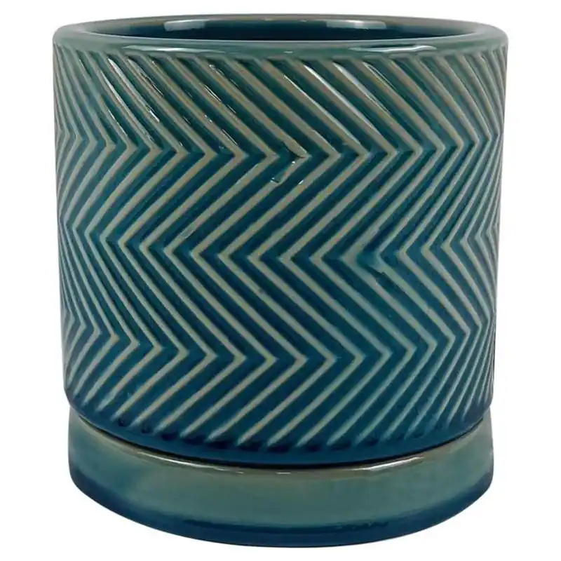 8‑inch Blue Ceramic Cross‑Pattern Indoor Planter With Saucer