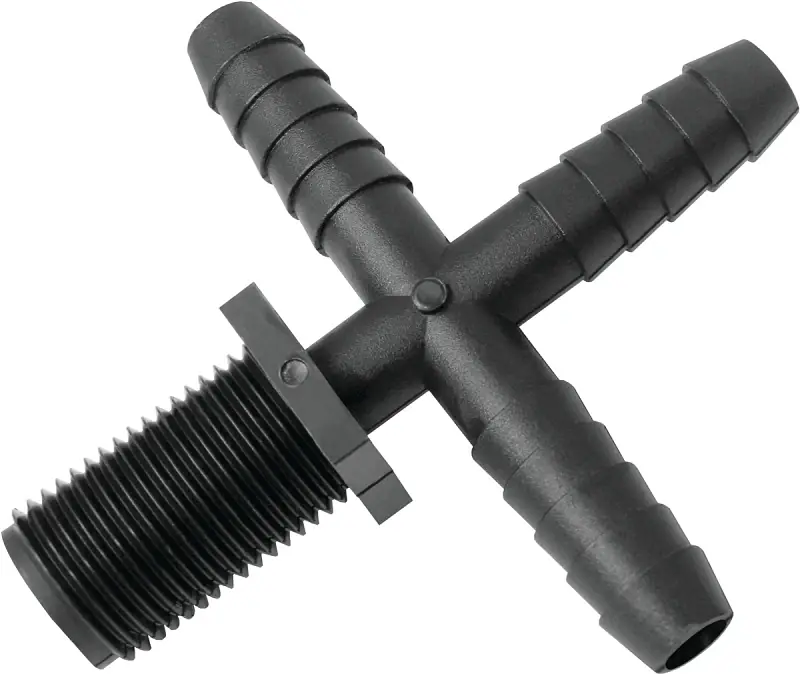 T 12 C P 1pk Polypropylene Hose To Pipe Cross Fitting, 1/2 Barb X 11/16 Male
