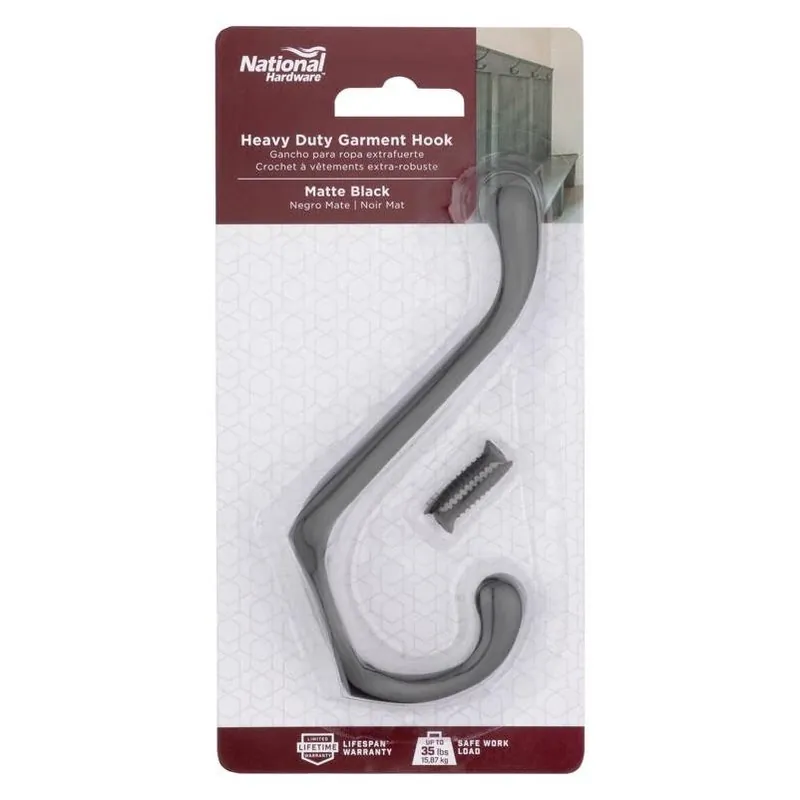 National Hardware N830-624 Heavy‑Duty Zinc Matte Garment Hook – 35 lb Capacity, Surface‑Mount (2‑Pack)