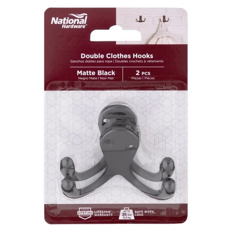 Heavy‑Duty Matte Black Double Cloth Hook – 35 lb Capacity, Surface‑Mount