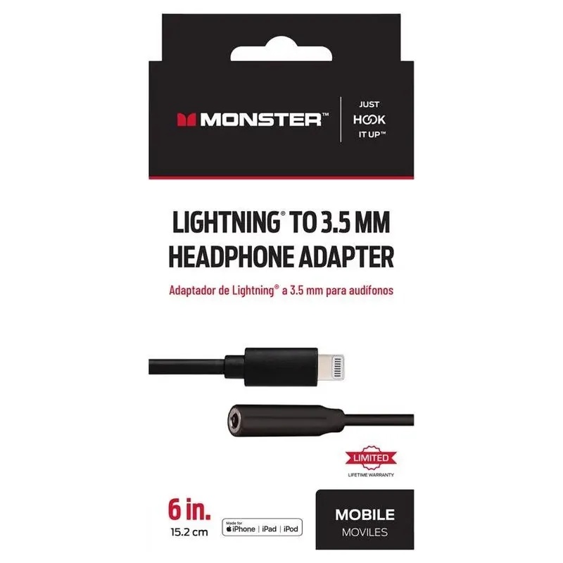 Monster Just Hook It Up Lightning To 3.5mm Audio Jack Adapter – 6‑Inch Black