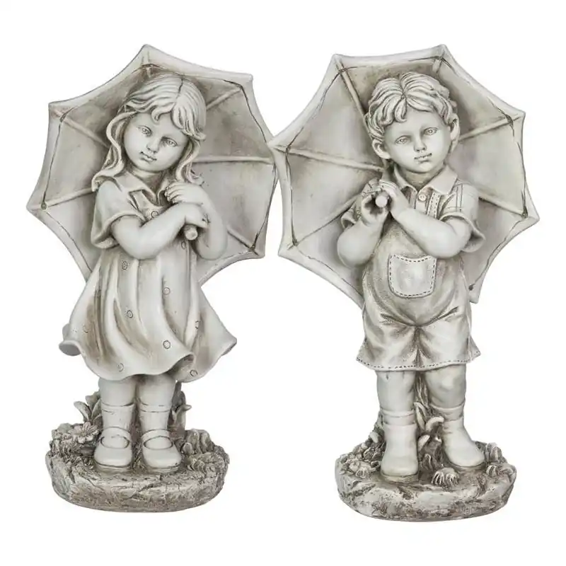 Exhart 18.7" Stone‑Finish Resin Garden Statue – Boy & Girl Sharing Umbrella (Solar Powered)