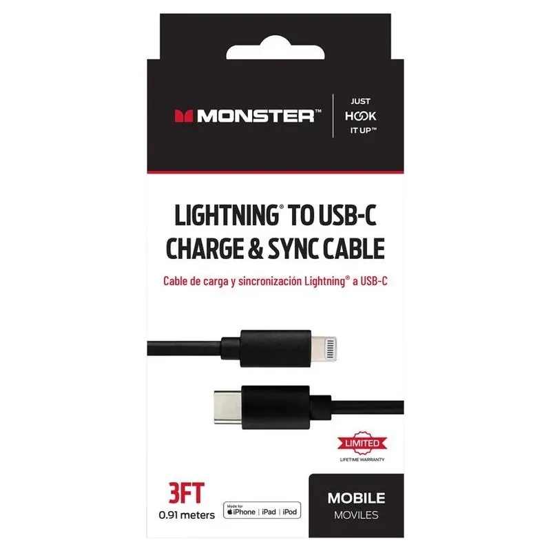 Monster Just Hook It Up 3‑Foot Lightning To USB‑C Charging & Sync Cable – Black
