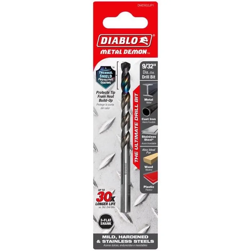 Diablo Metal Demon 9/32" Stainless Steel Drill Bit – 4.3" Length, 3‑Flat Shank