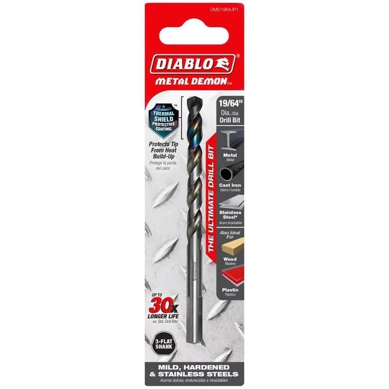 Diablo Metal Demon 19/64" Stainless Steel Drill Bit – 3‑Flat Shank, 4.6" Length