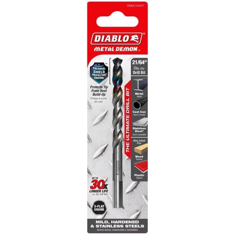 Diablo Metal Demon 21/64‑Inch Stainless Steel Drill Bit With 3‑Flat Shank – 4.6 in Length