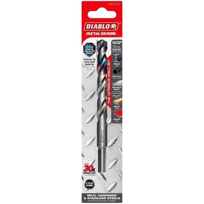 Diablo Metal Demon 15/32" Stainless Steel Drill Bit With 3‑Flat Shank – 6" Length