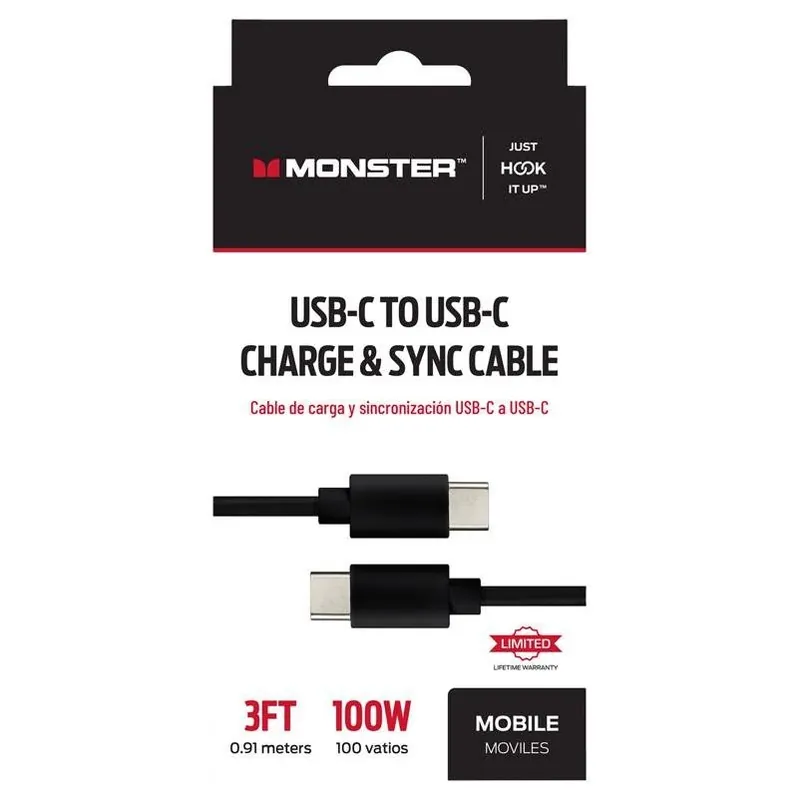Monster Just Hook It Up 3‑ft USB‑C To USB‑C Fast Charge & Sync Cable – Black