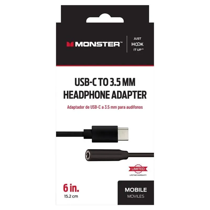Monster Just Hook It Up USB‑C To 3.5 mm Audio Cable – 6‑in Black