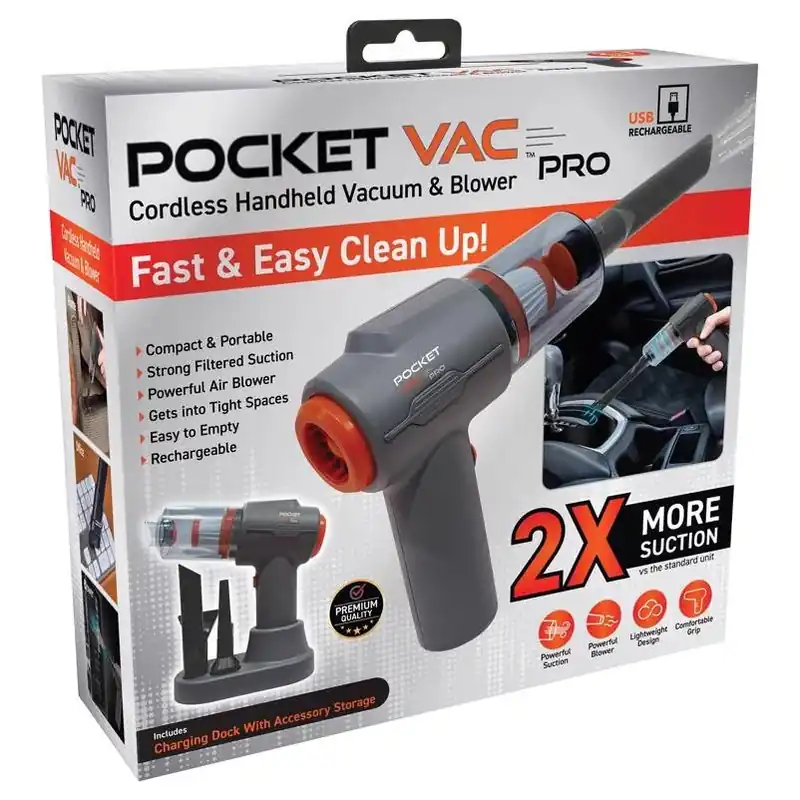 Pocket Vac Pro Cordless Hand Vacuum – Bagged HEPA Filtration, Lightweight Gray Cleaner