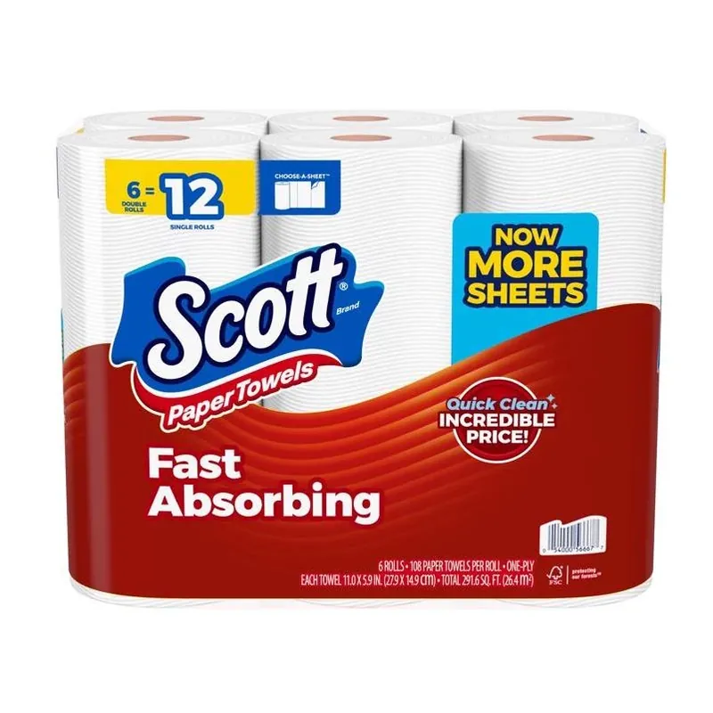 Scott 1‑Ply Recycled Paper Towels – 108 Sheets Per Roll, 6‑Pack